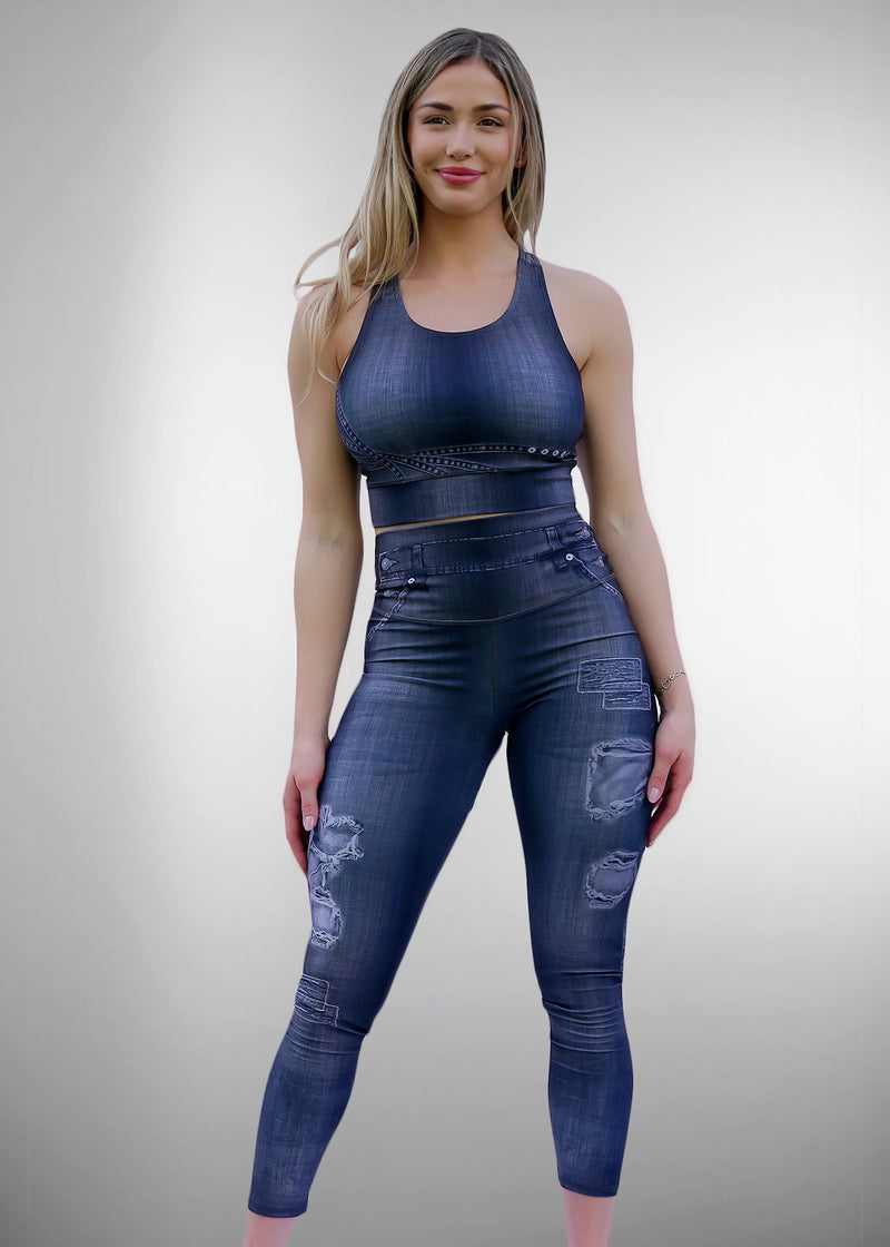 FITNESS FIT BLUE SET WITH RED STARS AND PUSH UP QUICAS BRASIL LEGGINGS